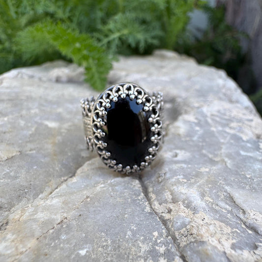 sterling silver black onyx gothic lace ring (size 7)